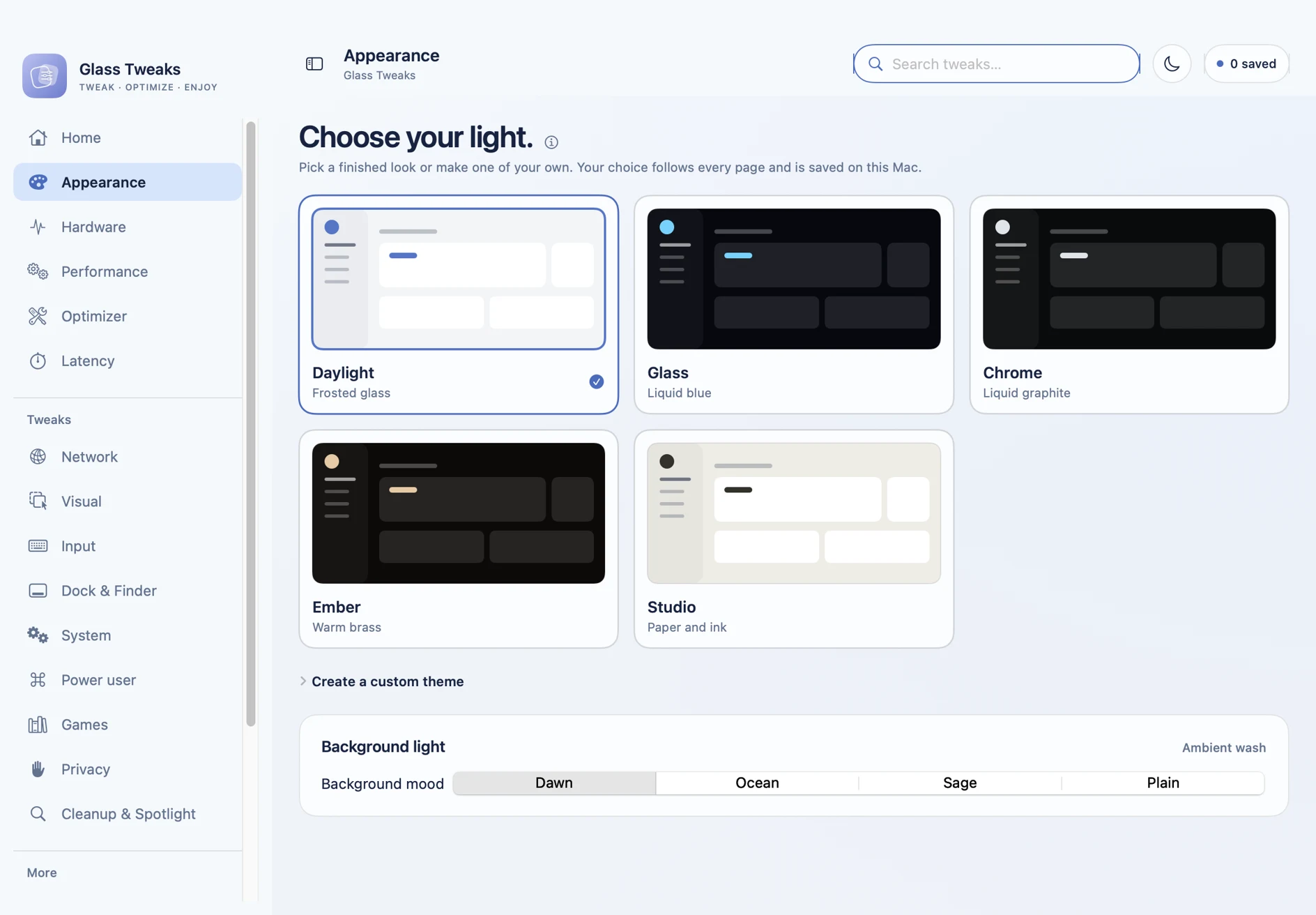 Appearance page with Daylight, Glass, Chrome, Ember, and Studio theme previews and custom theme controls.
