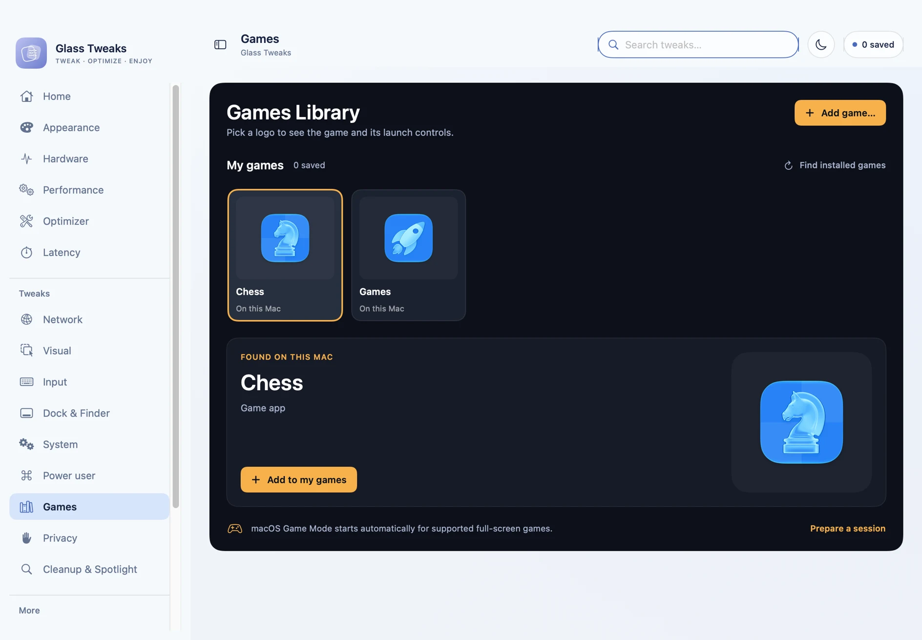 Glass Tweaks Games library, captured from the native Mac build.