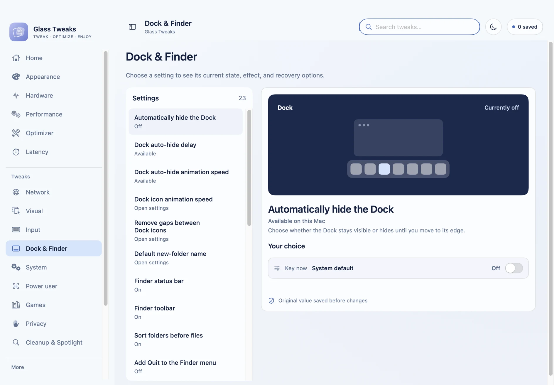 The current Glass Tweaks settings catalog, with individual controls and explanations.